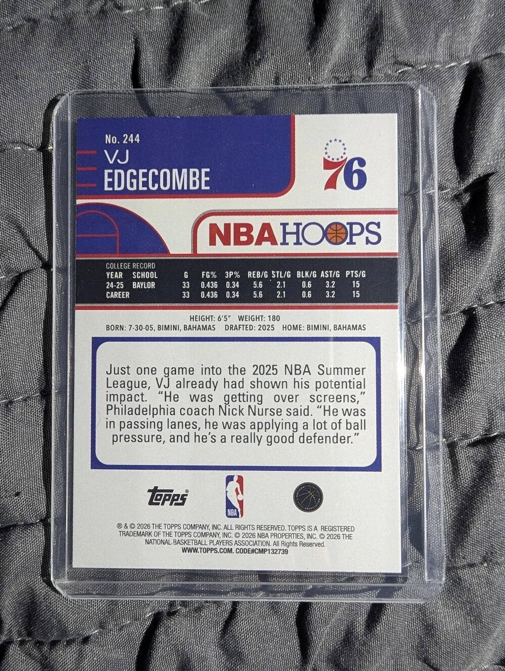 VJ Edgecombe #203 Rainbow Foilboard SSP (RC) PIXEL BURST 2026 NBA Hoops - Picture 2 of 2